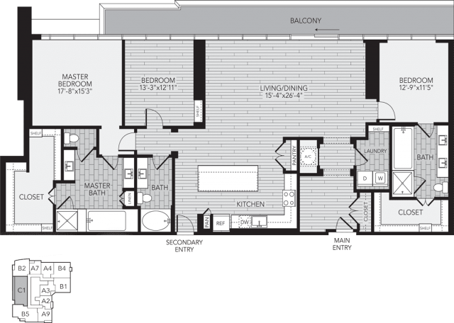 C1 Houston Three Bedroom Apartment Floor Plan